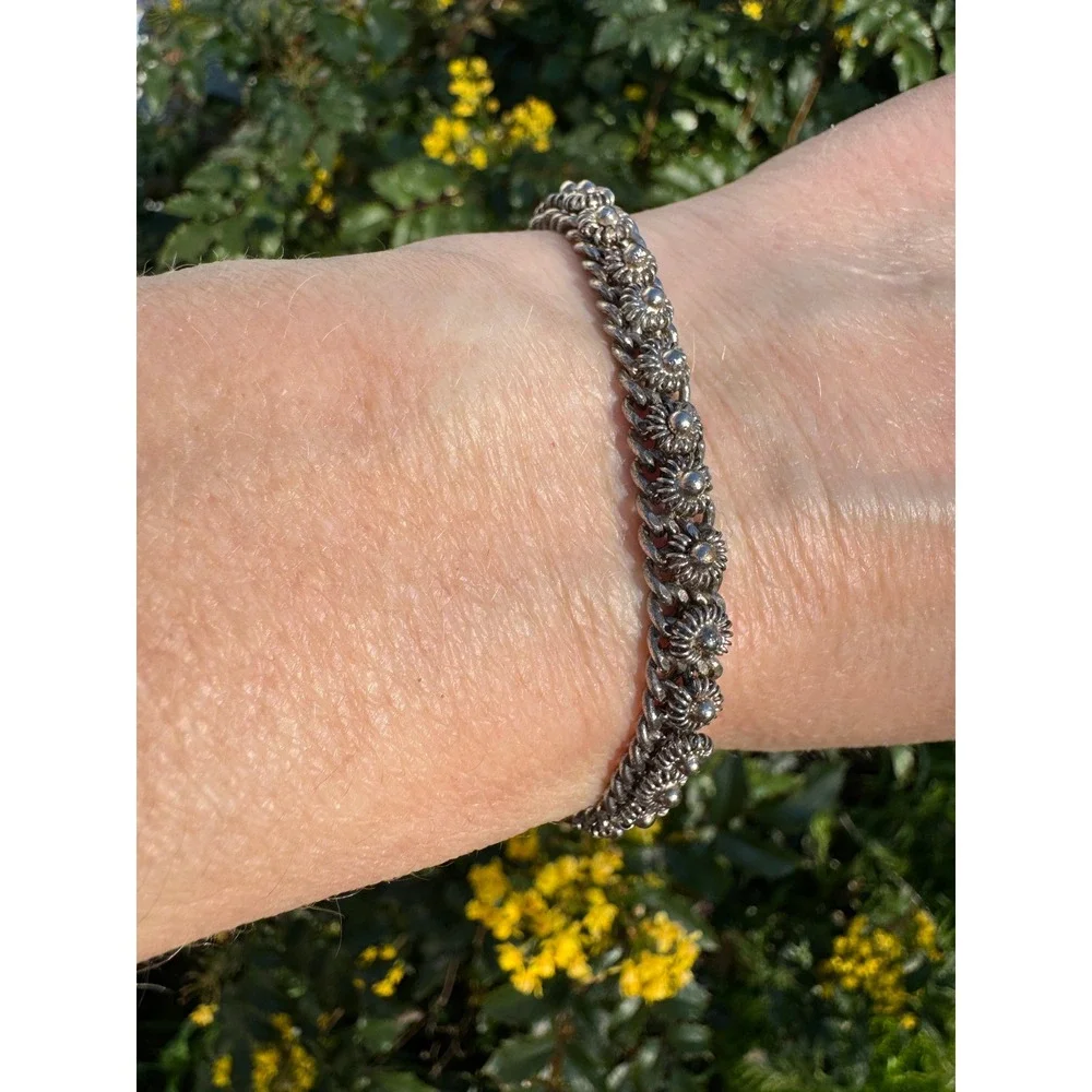 Vintage Boho Floral Link Curb Chain Bracelet Womens 6.75 Silver‎ Tone Ornate